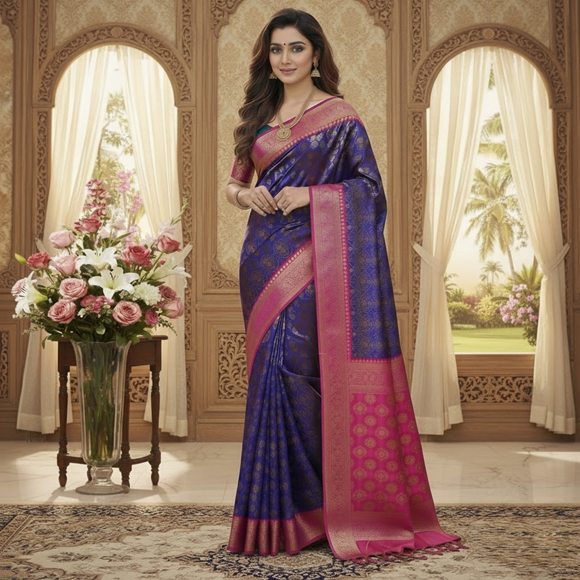 Soft Silky Finish Zari Katan Saree – Complete Package with Blouse Royal Blue _7003