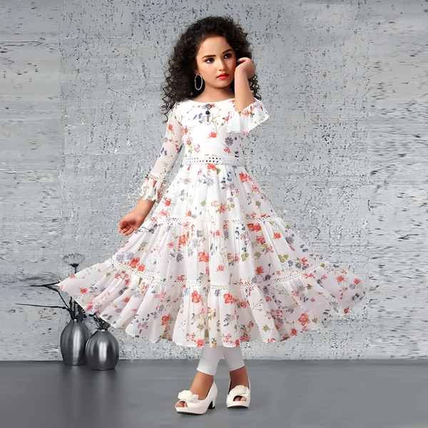 Exclusive Elegance Bloom – White Floral Layered Party Dress for Girls 1782