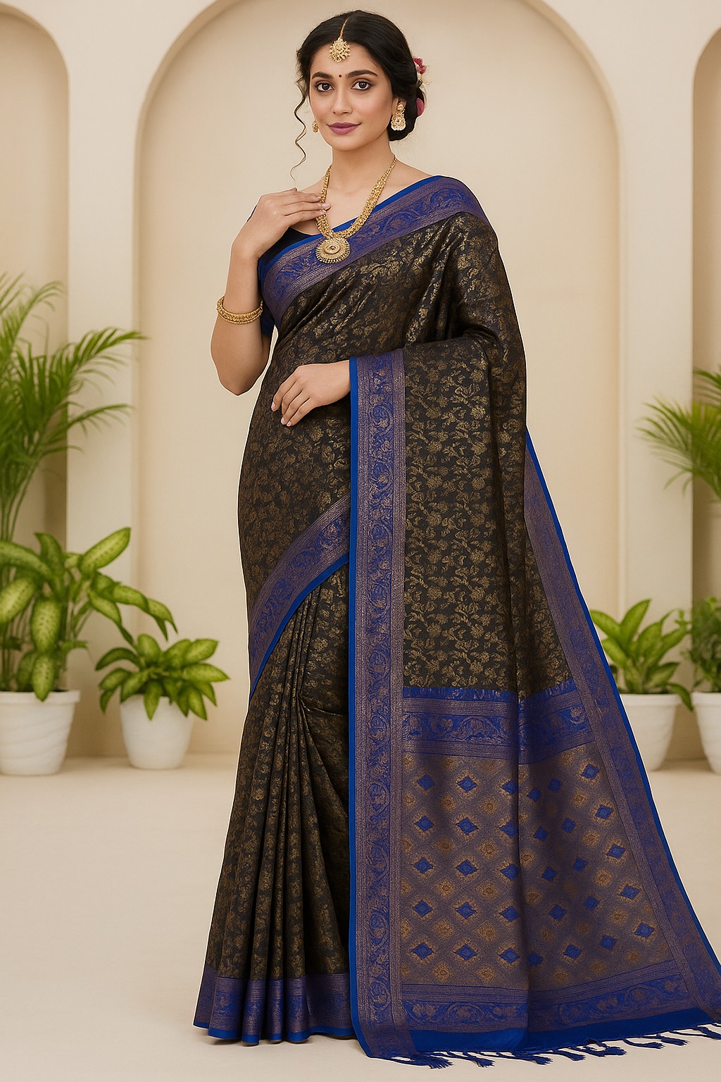 Premium Katan Saree for a fashionable look - Complete set with blouse piece Body Color: Black / Dark Brown Border Color: Royal Blue - 7008