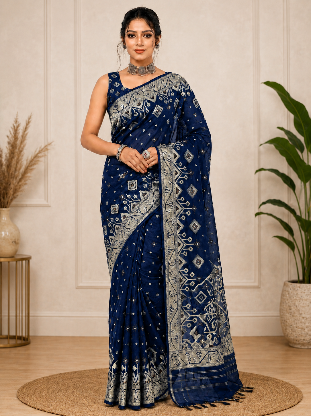 Exclusive Blue Cotton Jamdani Saree 7051